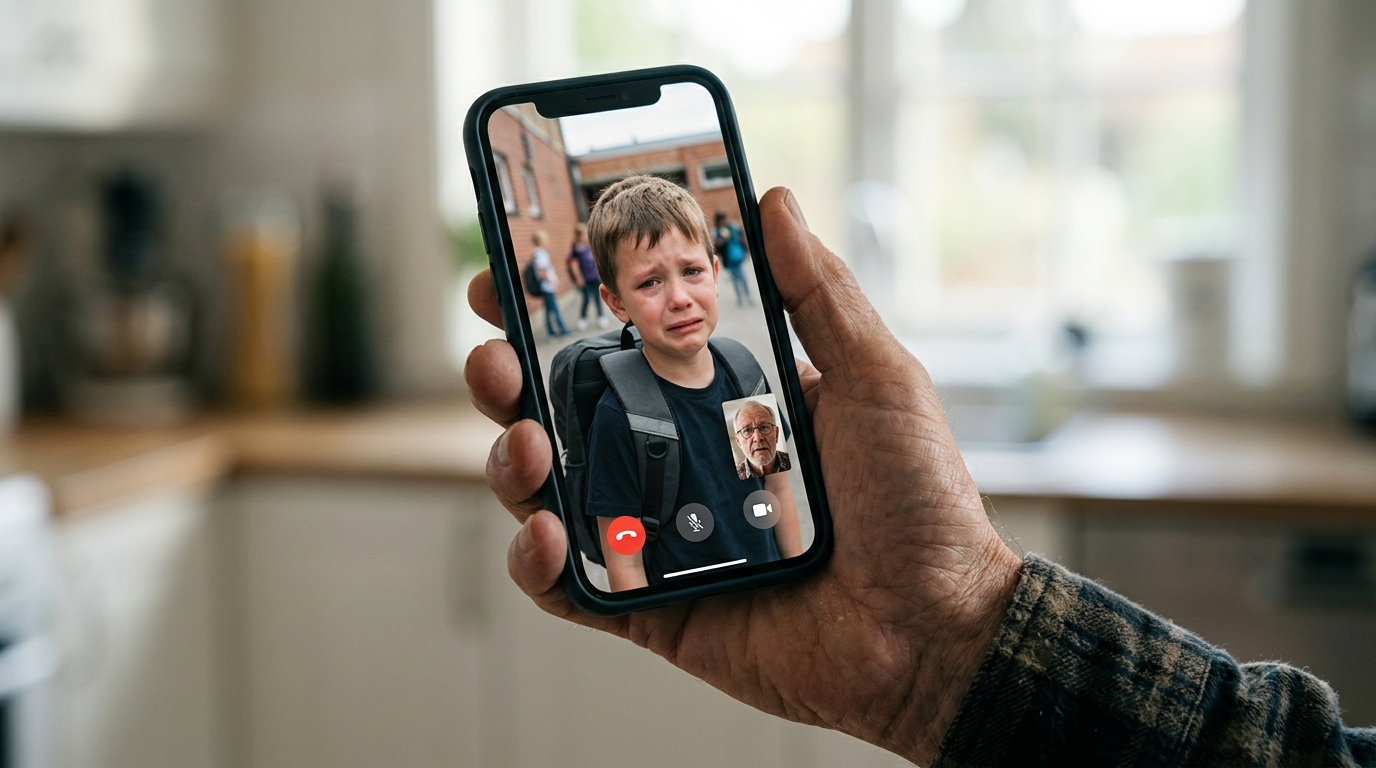 Older man looking at phone with worried expression